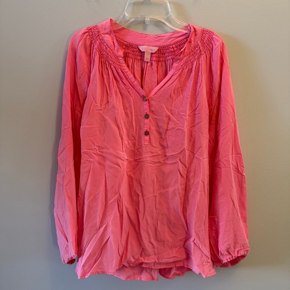 Lilly Pulitzer Elsa 100% Silk Long Sleeve Blouse – Vibrant Pink – Size Small